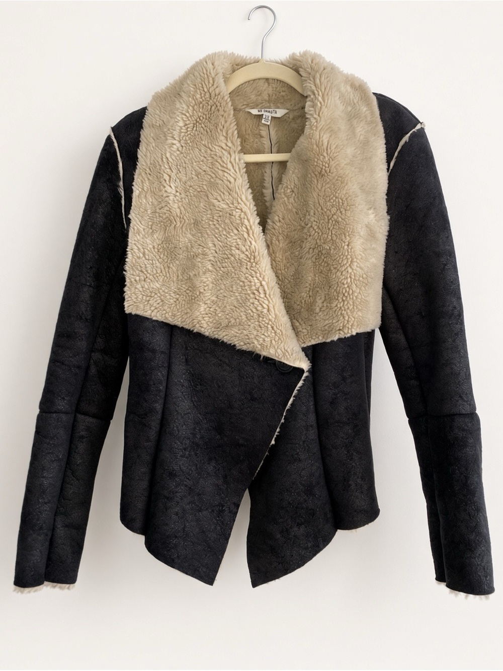 BB Dakota Navy Faux Shearling Open Front Jacket | XS